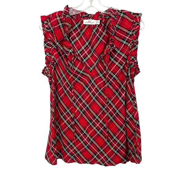 Vineyard Vines Red Tartan Plaid Ruffle Trim Short Sleeve Blouse - Size Medium - Picture 1 of 6